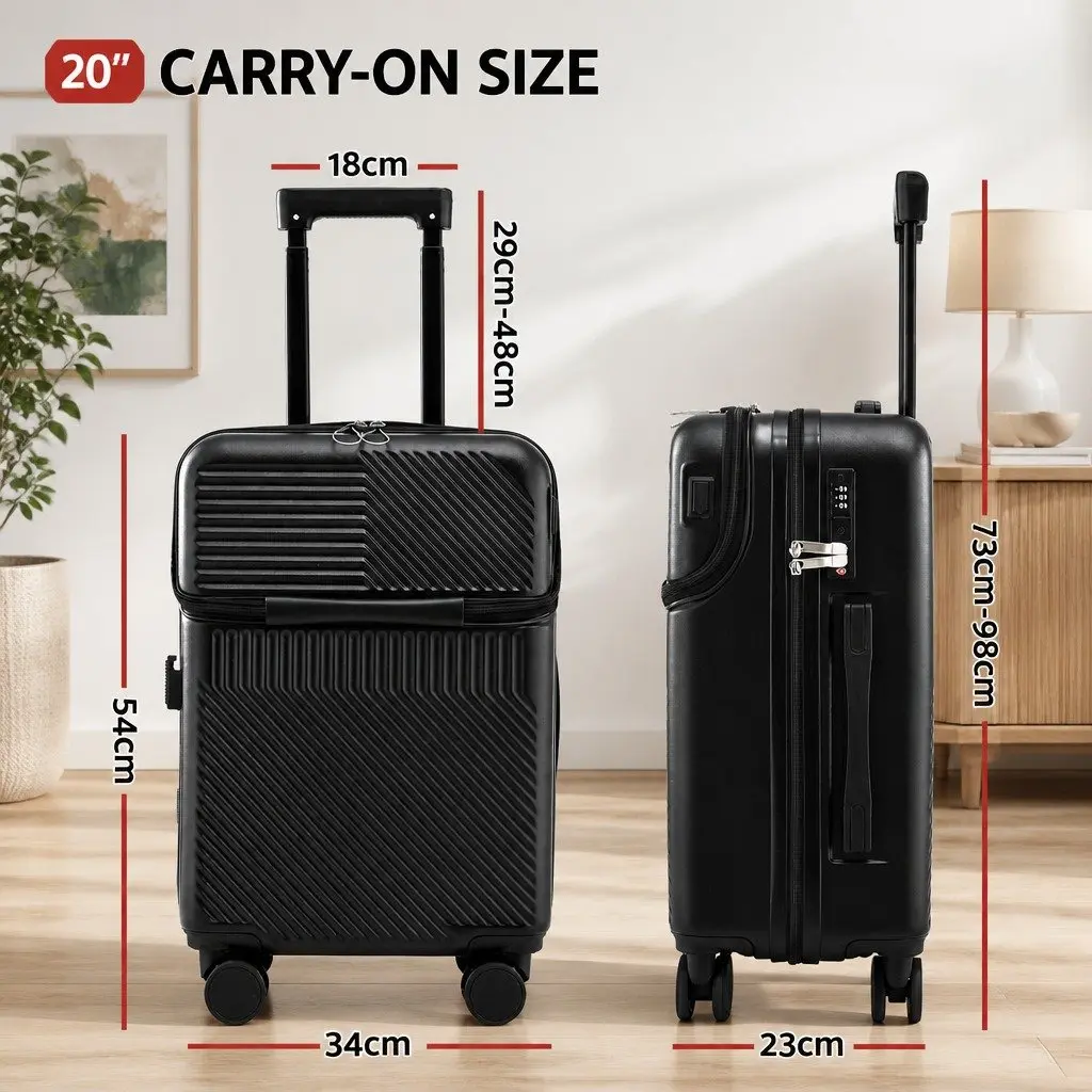 20" Carry On Luggage Suitcase Front Pocket TSA Lock Black Travel Case Spinner