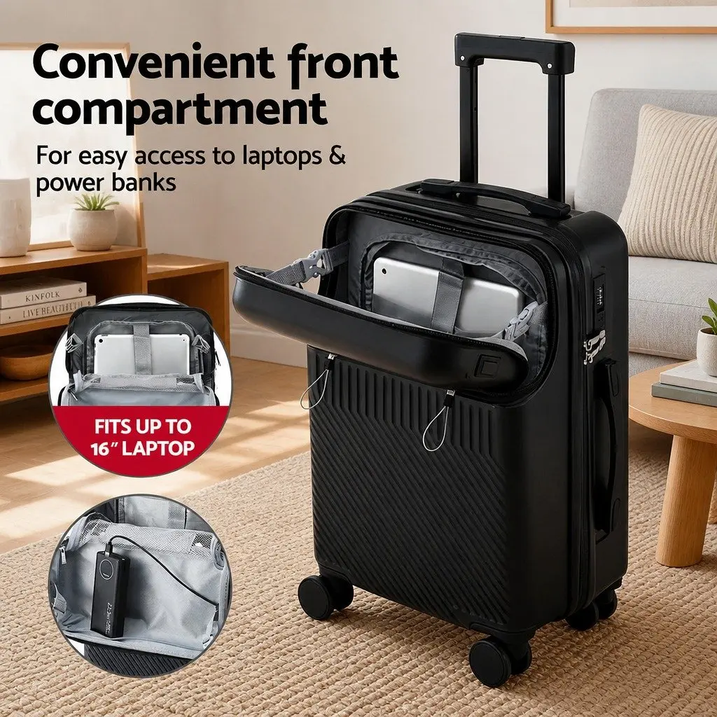 20" Carry On Luggage Suitcase Front Pocket TSA Lock Black Travel Case Spinner