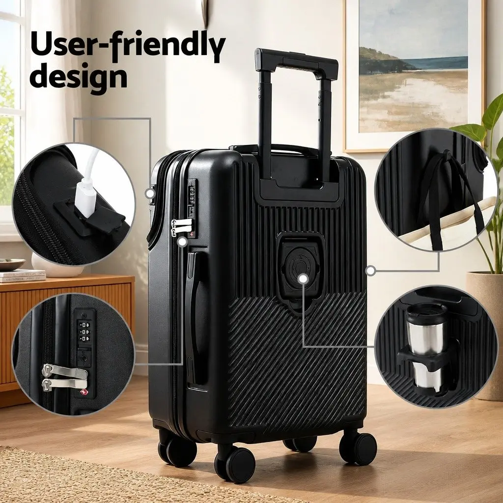 20" Carry On Luggage Suitcase Front Pocket TSA Lock Black Travel Case Spinner
