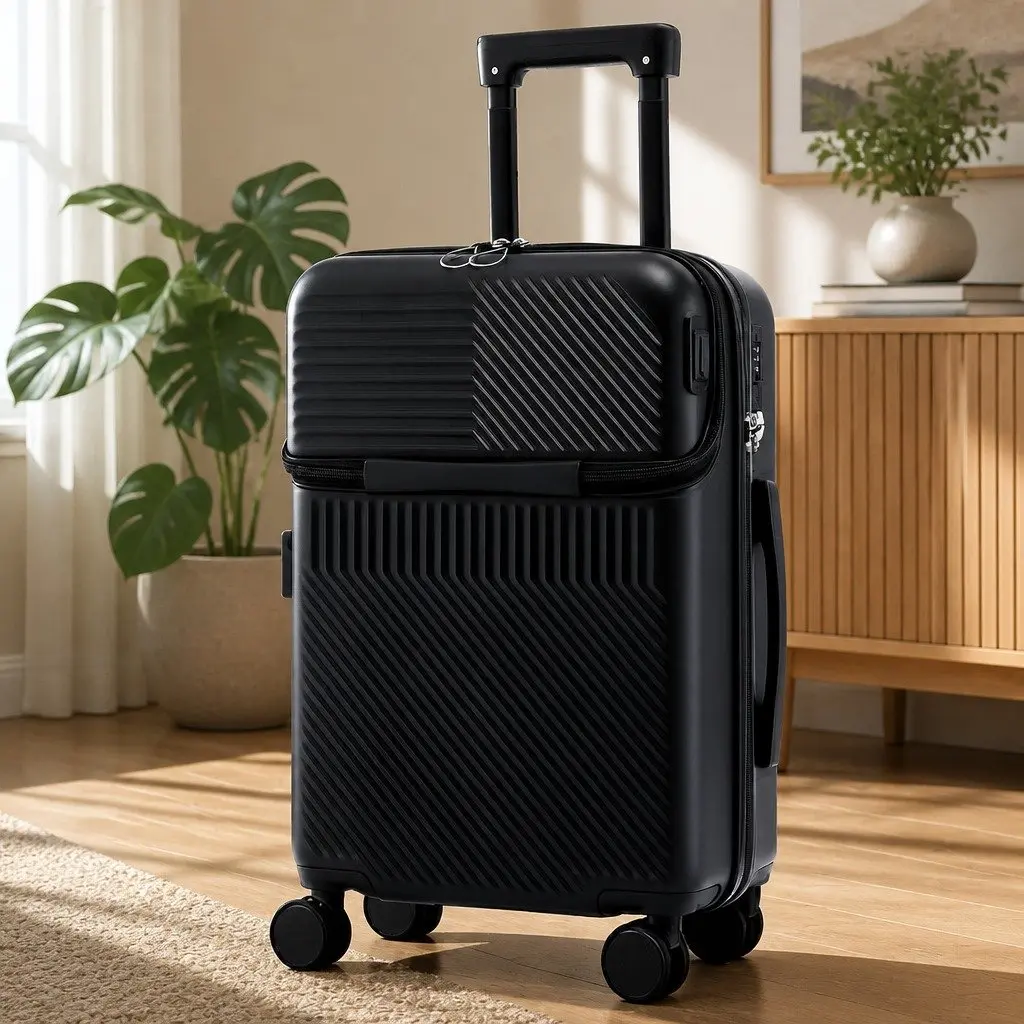20" Carry On Luggage Suitcase Front Pocket TSA Lock Black Travel Case Spinner