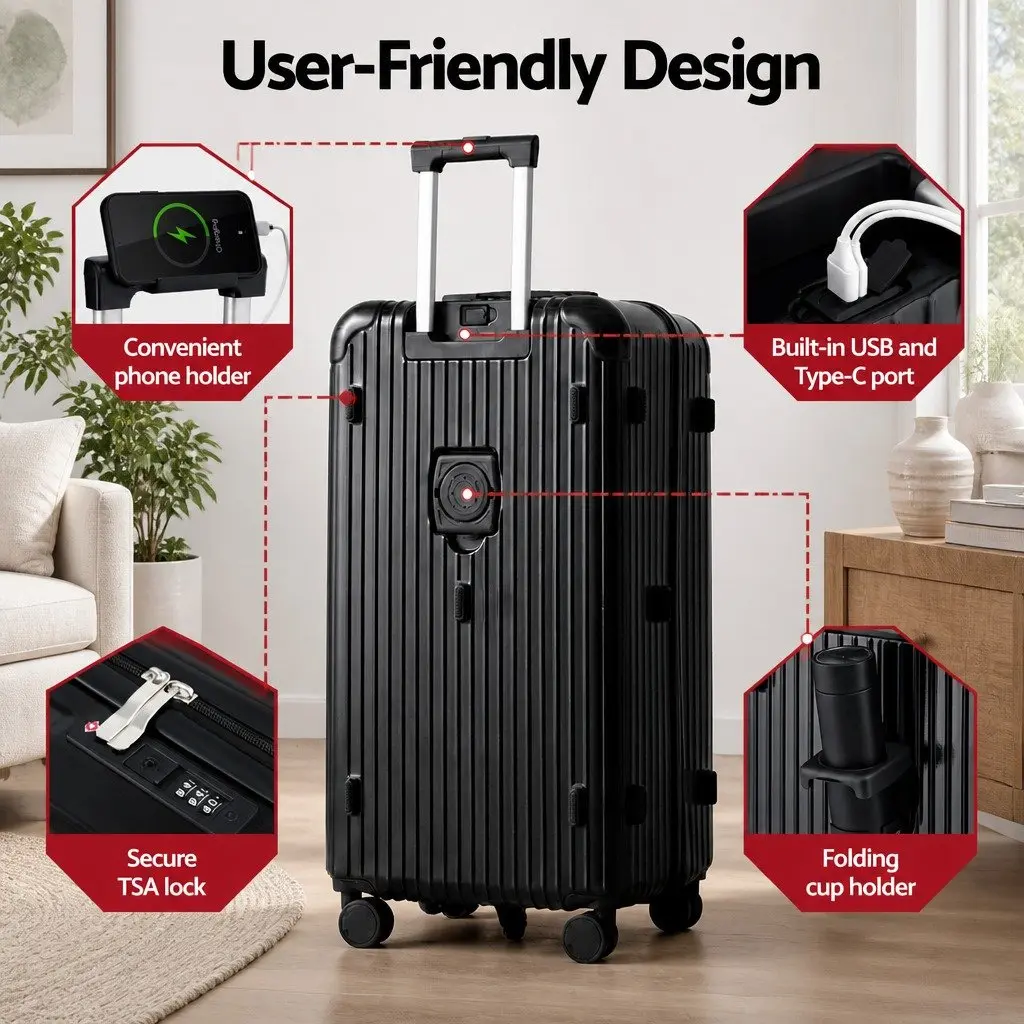 28" Trunk Luggage Suitcase Hard Shell Travel Case 5 Wheels USB Type-C Port Black