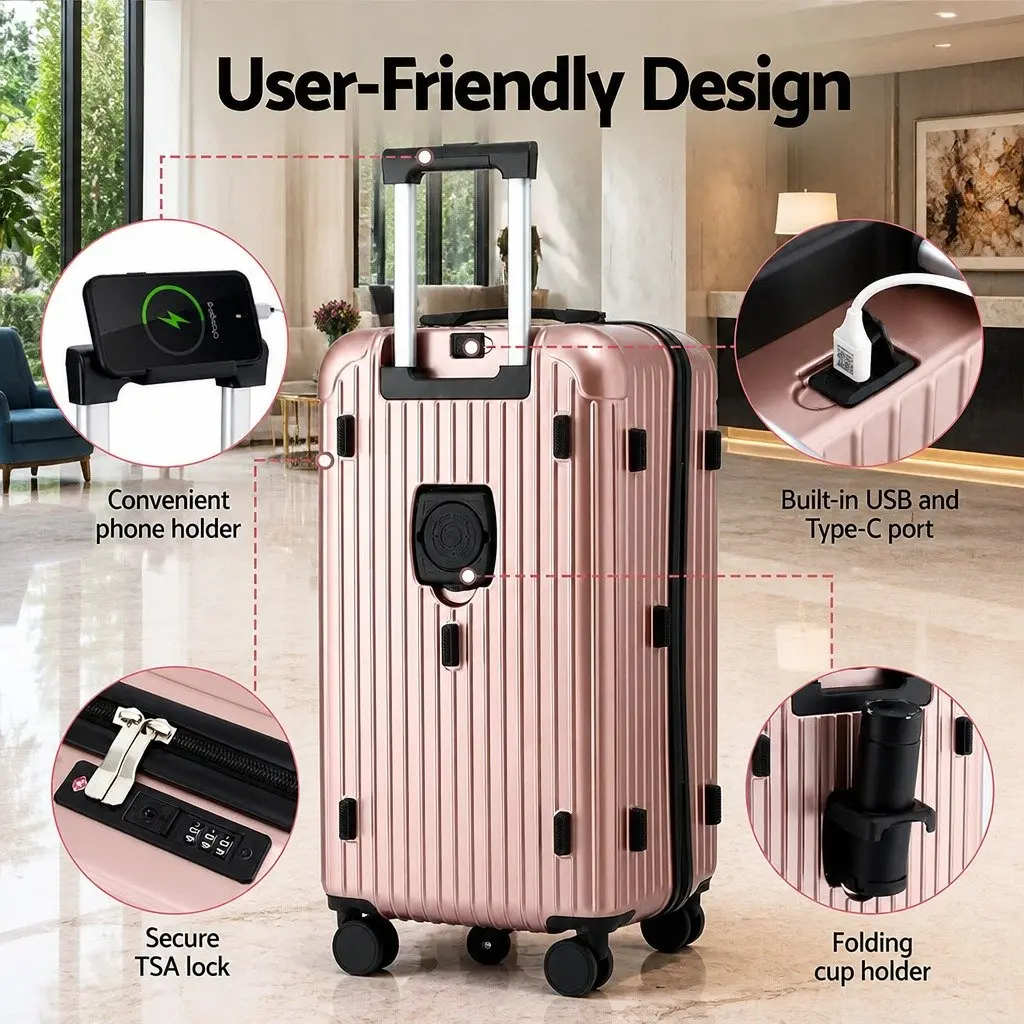 Trunk Luggage 28" Suitcase Travel Case 5 Wheels Type-C USB Port TSA Lock Rose