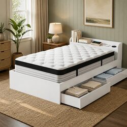 Single Mattress 5-Zone Pocket Spring with Wooden Storage Bed Frame Charging