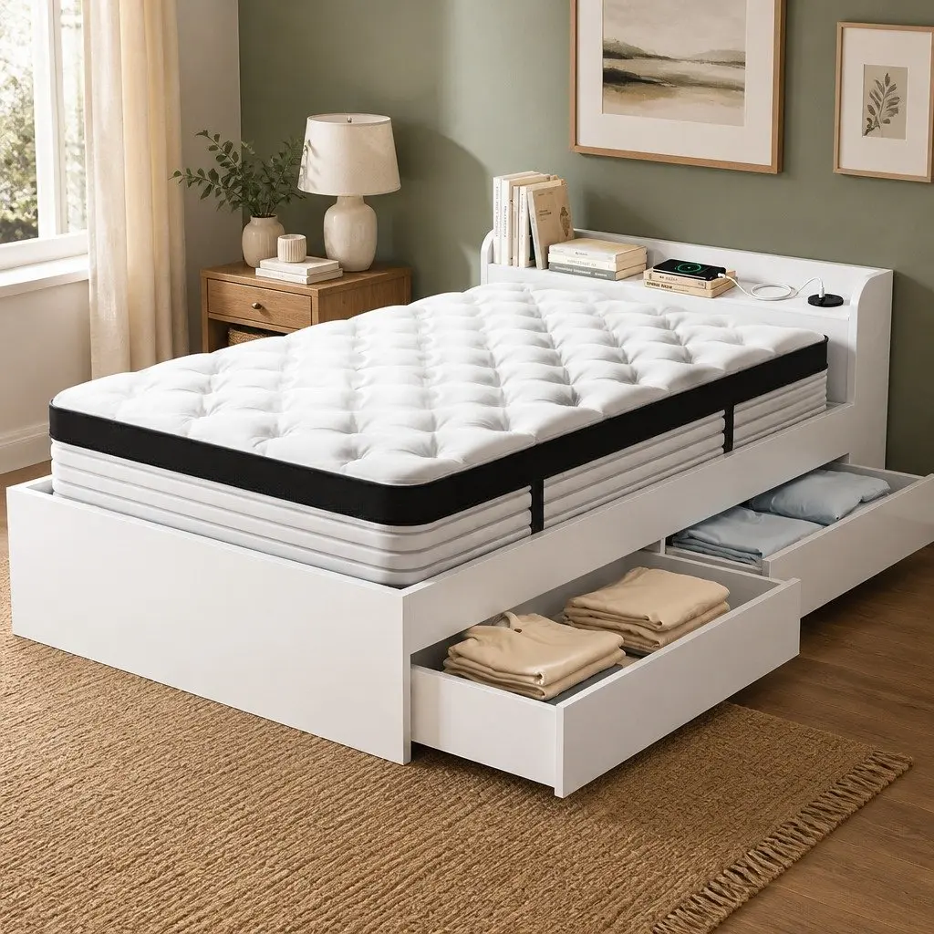 Single Mattress 5-Zone Pocket Spring Wooden Bed Frame with Storage Headboard and Charging Ports