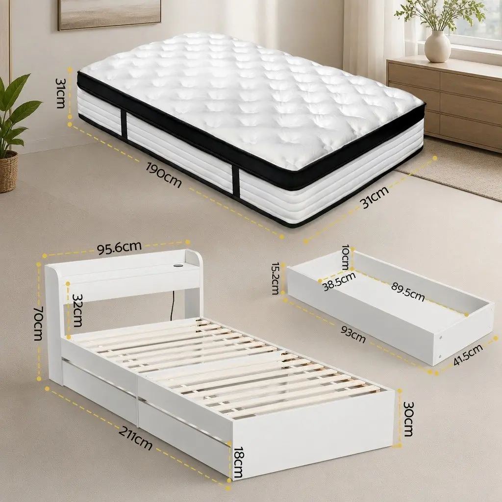 Single Mattress 5-Zone Pocket Spring Wooden Bed Frame with Storage Headboard and Charging Ports