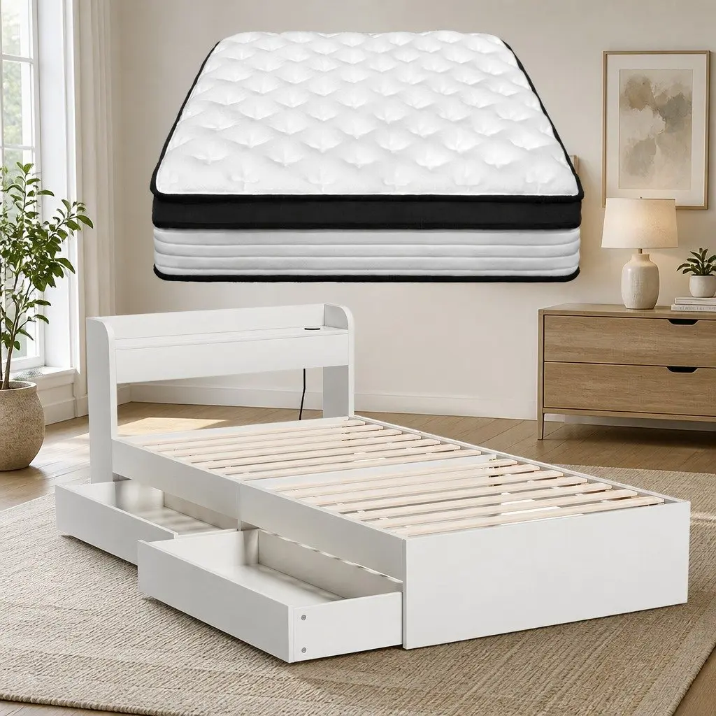 Single Mattress 5-Zone Pocket Spring Wooden Bed Frame with Storage Headboard and Charging Ports