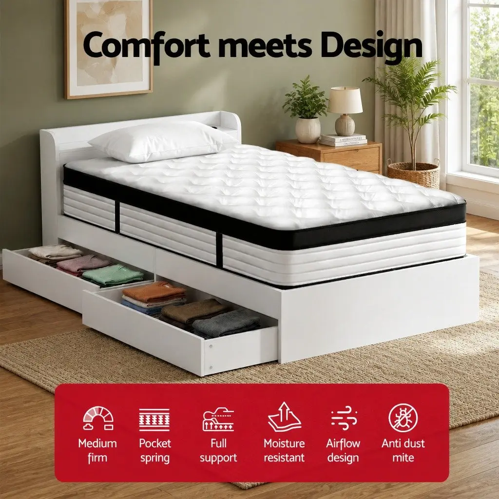 Single Mattress 5-Zone Pocket Spring Wooden Bed Frame with Storage Headboard and Charging Ports