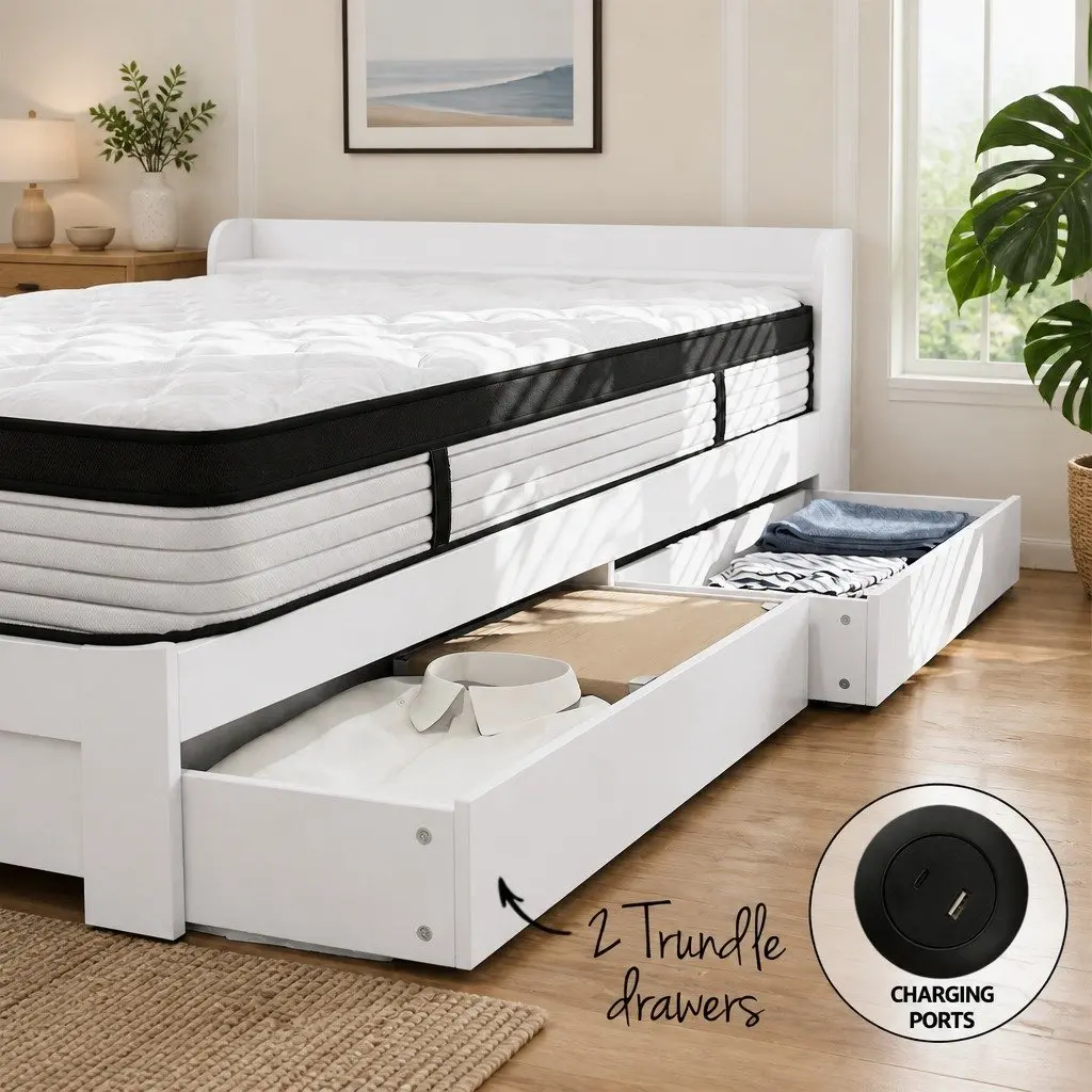 Single Mattress 5-Zone Pocket Spring Wooden Bed Frame with Storage Headboard and Charging Ports