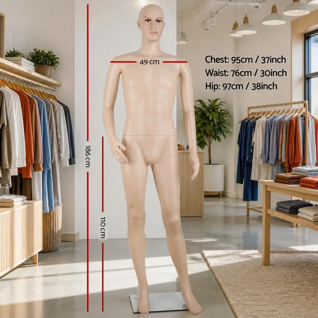 186cm Male Mannequin Full Body Skin Colour Retail Display Adjustable Arms Head