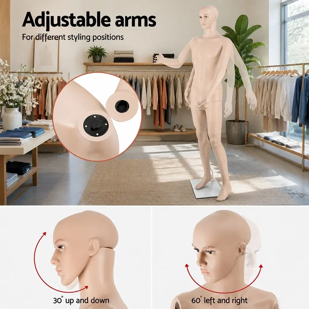 186cm Male Mannequin Full Body Skin Colour Retail Display Adjustable Arms Head