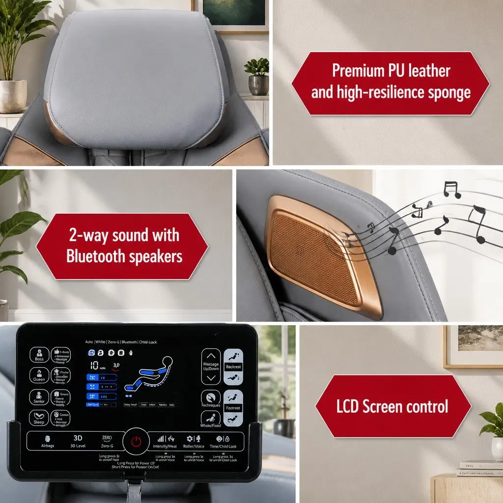 Electric Massage Chair Full Body PU Leather 135cm White Grey