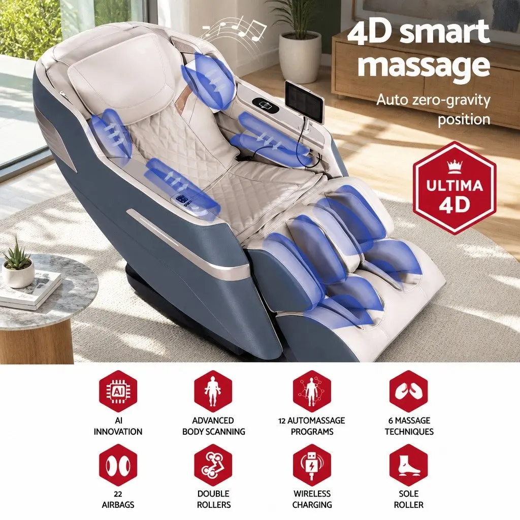 Massage Chair Recliner 4D Full Body SL Track Zero Gravity Heated Grey Leather