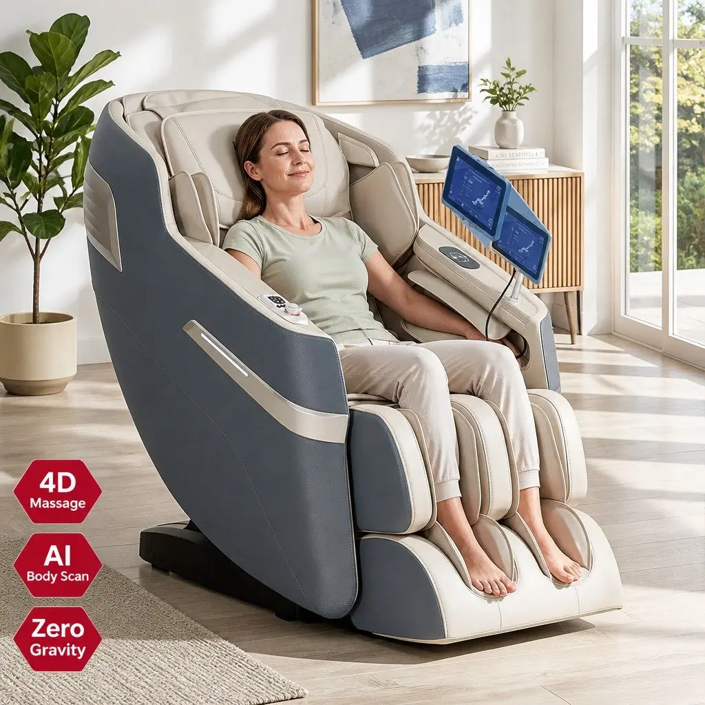 Massage Chair Recliner 4D Full Body SL Track Zero Gravity Heated Grey Leather
