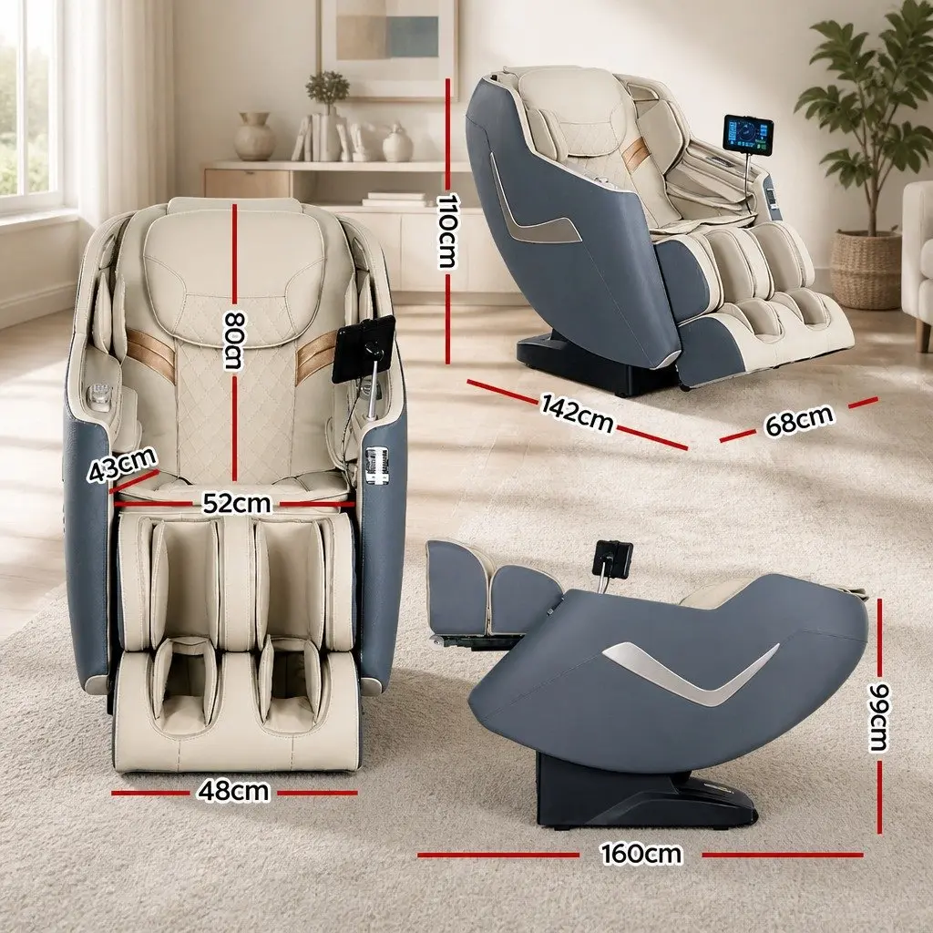 Massage Chair Electric Recliner 3D Leather 142cm Grey Full Body Massager