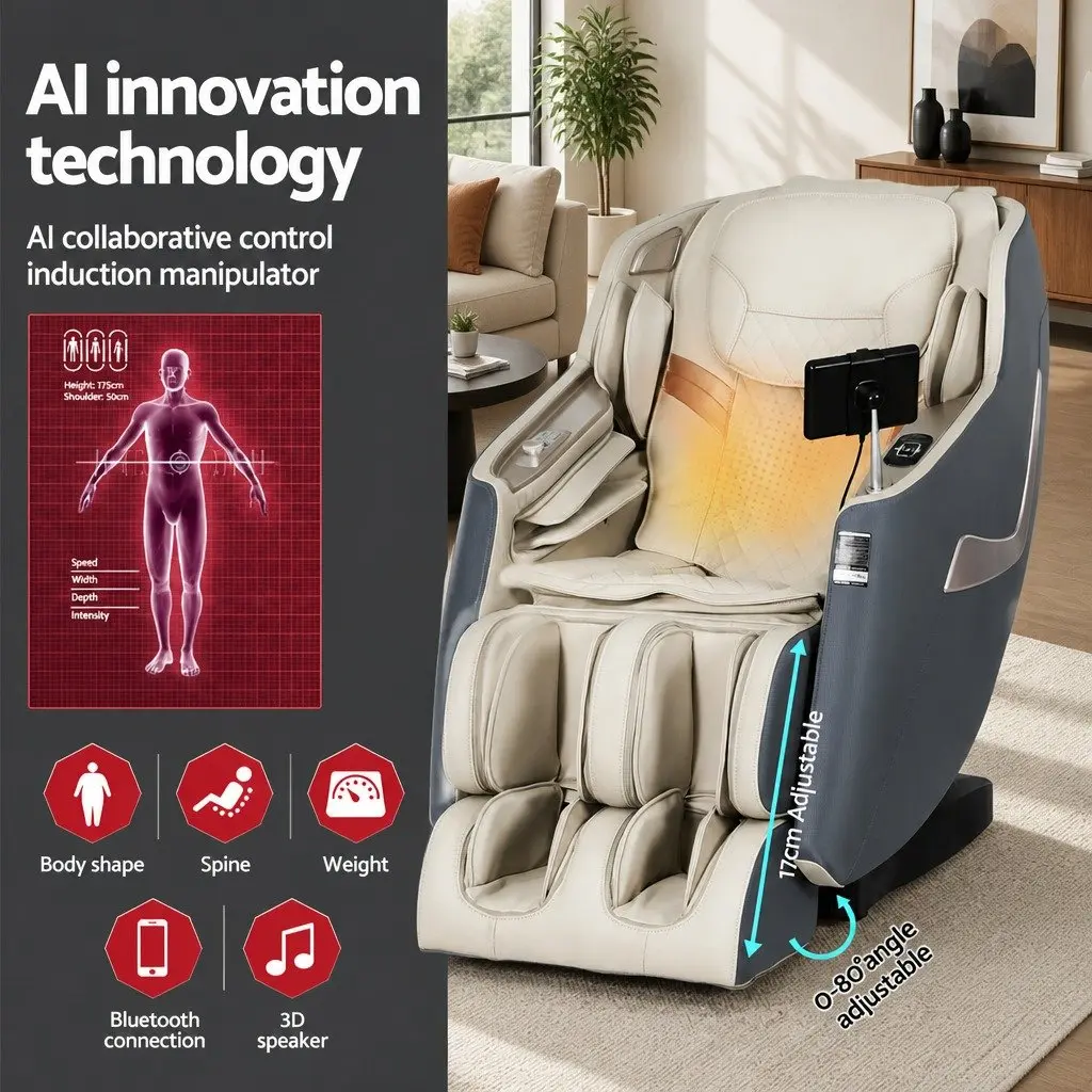 Massage Chair Electric Recliner 3D Leather 142cm Grey Full Body Massager