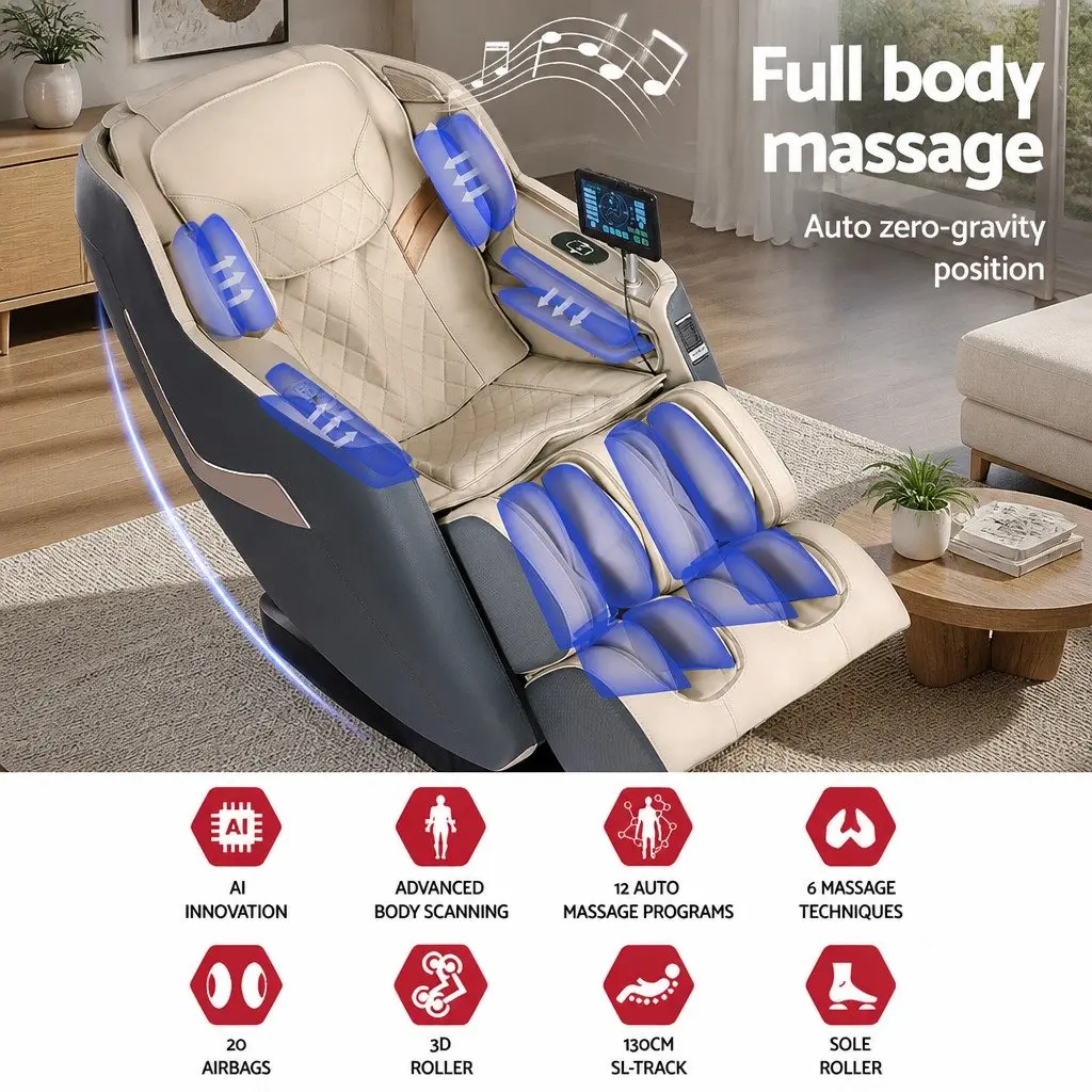Massage Chair Electric Recliner 3D Leather 142cm Grey Full Body Massager