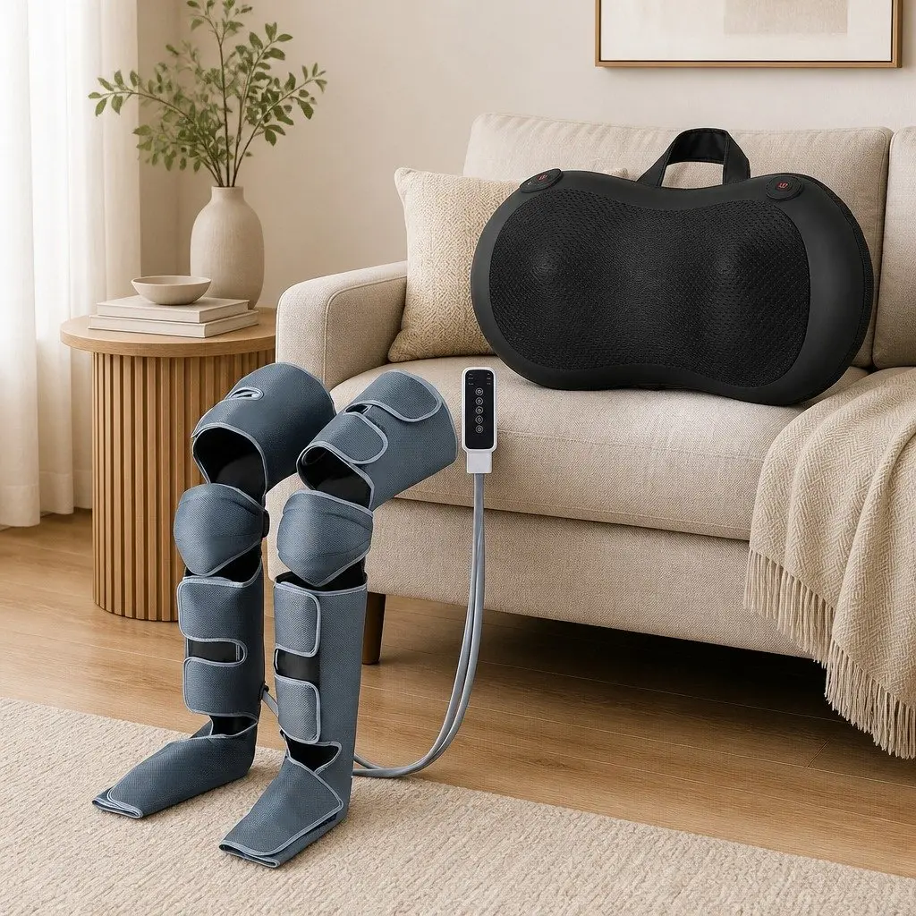 Leg Massager Air Compression Fabric Black and Grey Neck Massager Shiatsu Portable with Heat Therapy