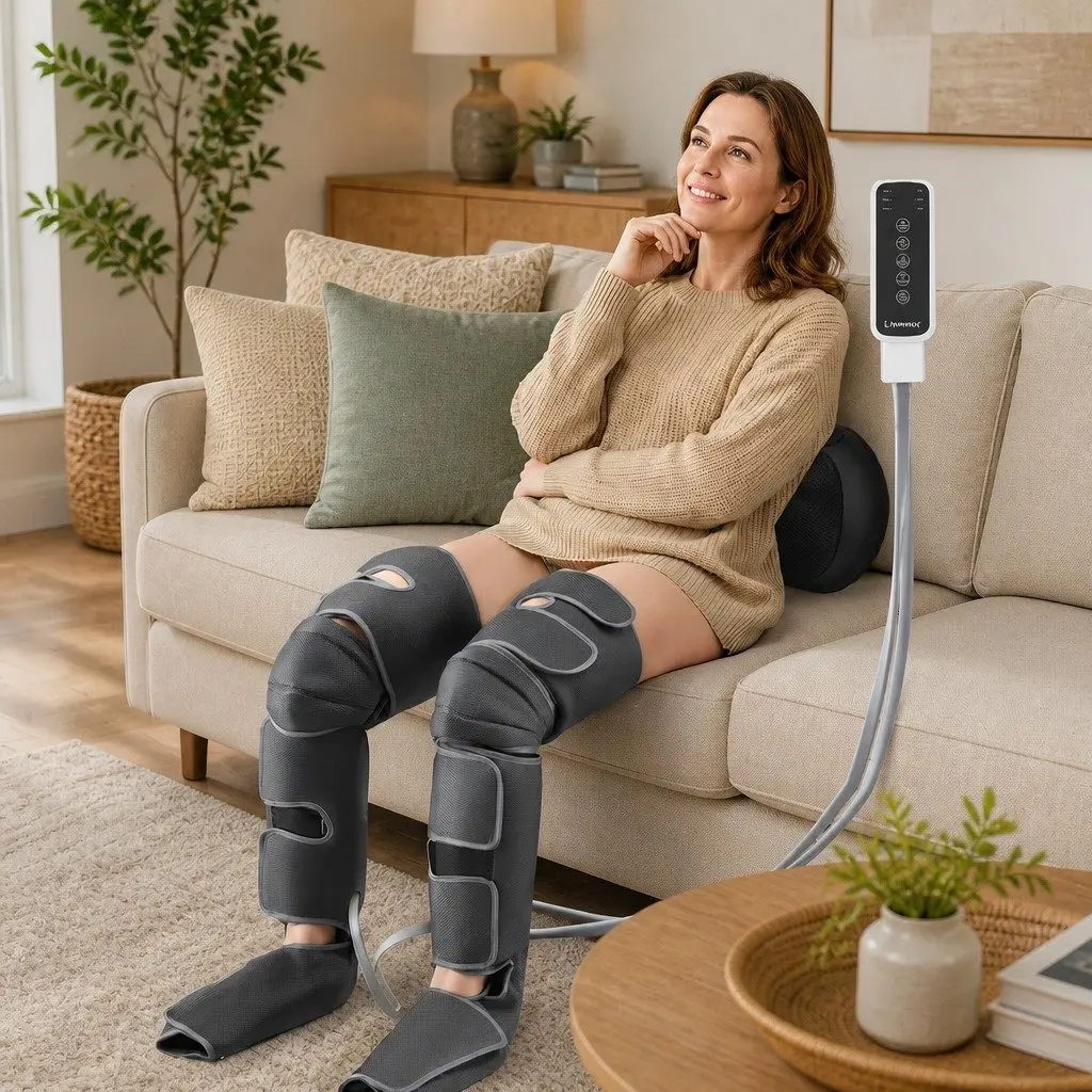 Leg Massager Air Compression Fabric Black and Grey Neck Massager Shiatsu Portable with Heat Therapy