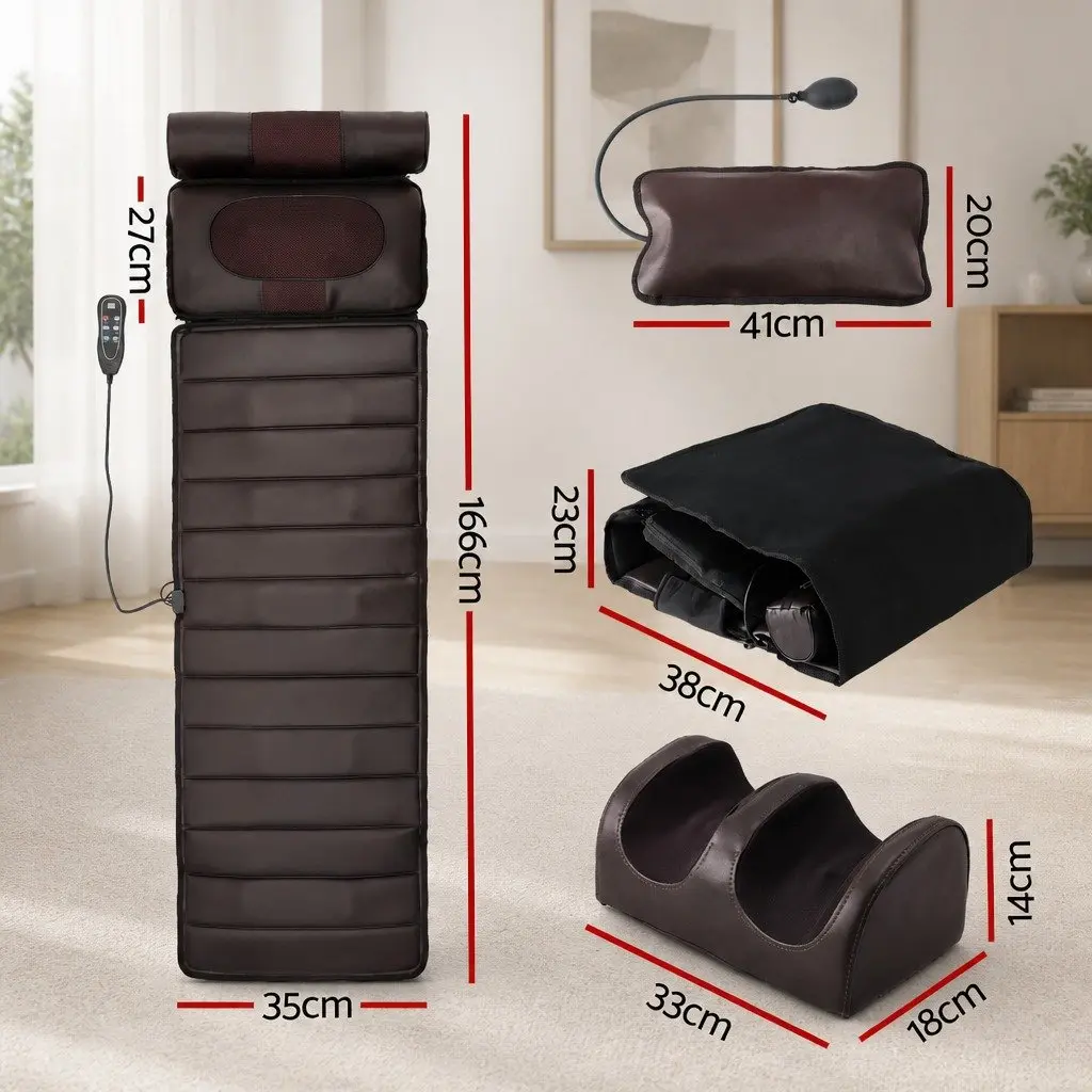 Full Body Massage Mat PU Leather 166cm Brown with Kneading Neck Foot Massager Heated Vibration Airbag
