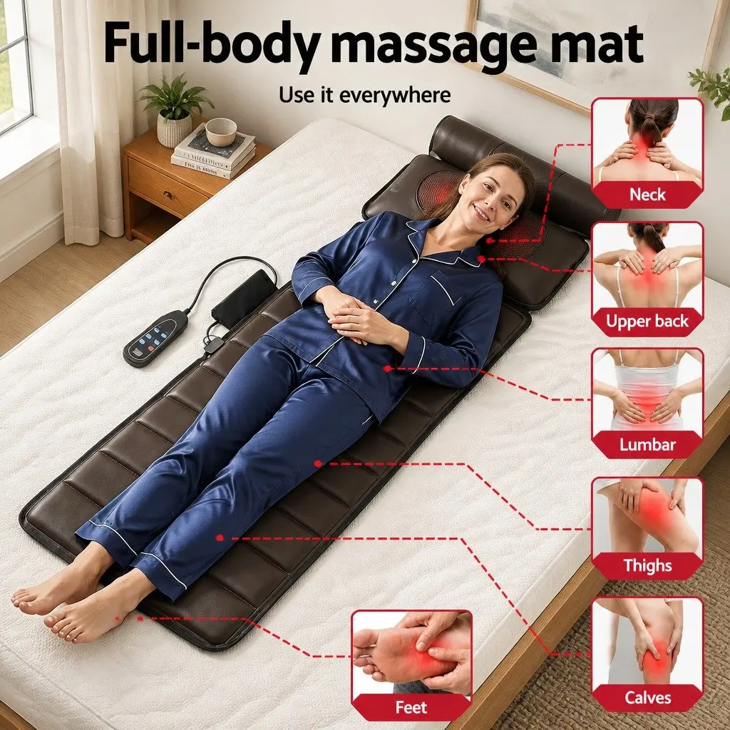 Full Body Massage Mat PU Leather 166cm Brown with Kneading Neck Foot Massager Heated Vibration Airbag