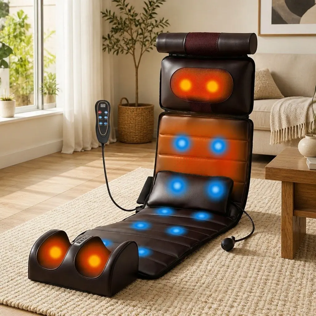 Full Body Massage Mat PU Leather 166cm Brown with Kneading Neck Foot Massager Heated Vibration Airbag