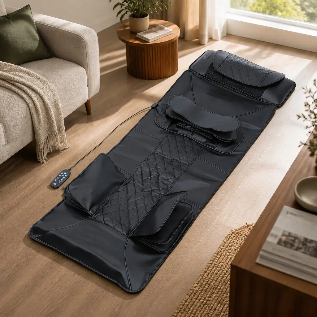 Full Body Massage Mat Heated Kneading Neck Lumbar Airbag Stretch Vibration Black 170cm x 57cm x 13cm PU Leather
