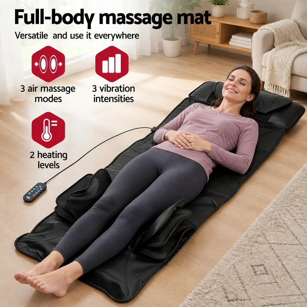 Full Body Massage Mat Heated Kneading Neck Lumbar Airbag Stretch Vibration Black 170cm x 57cm x 13cm PU Leather