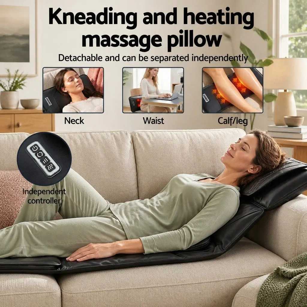 Full Body Massage Mat Heated Kneading Neck Lumbar Airbag Stretch Vibration Black 170cm x 57cm x 13cm PU Leather