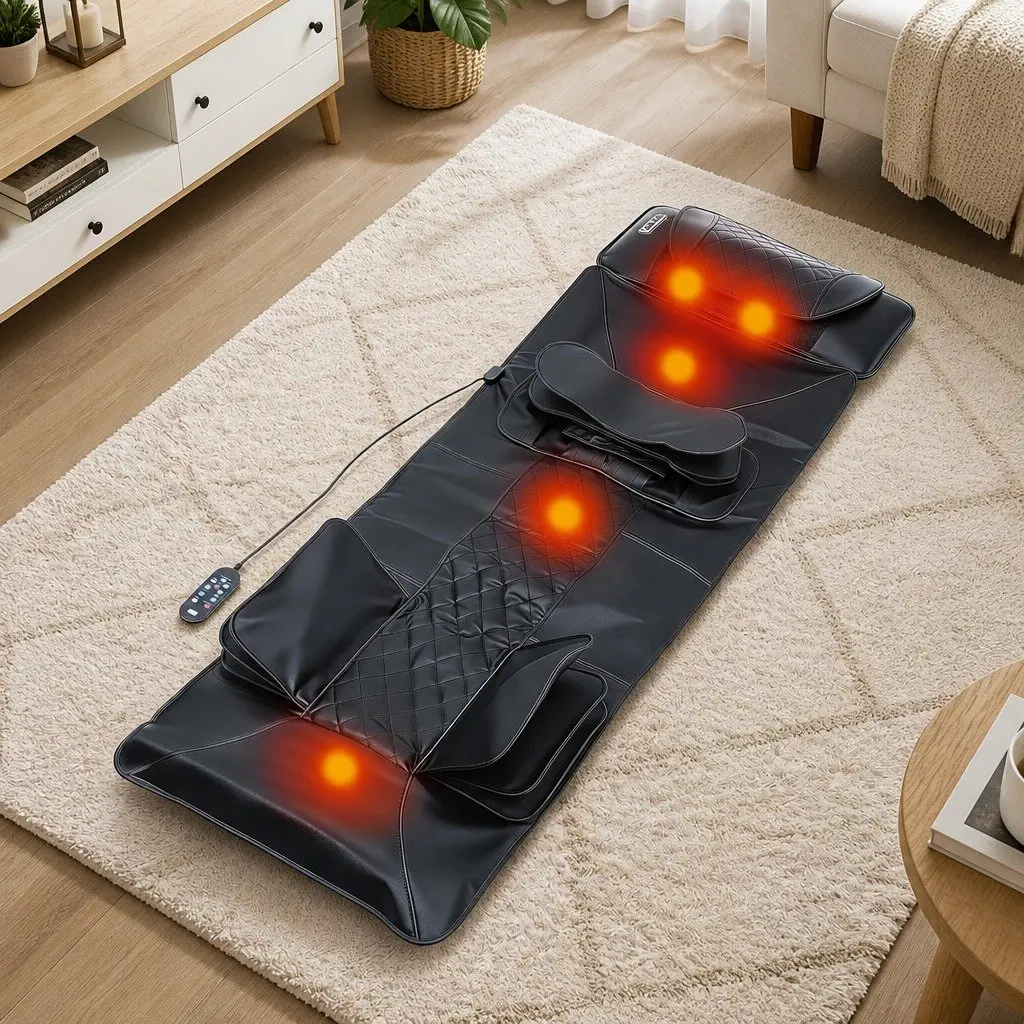 Full Body Massage Mat Heated Kneading Neck Lumbar Airbag Stretch Vibration Black 170cm x 57cm x 13cm PU Leather