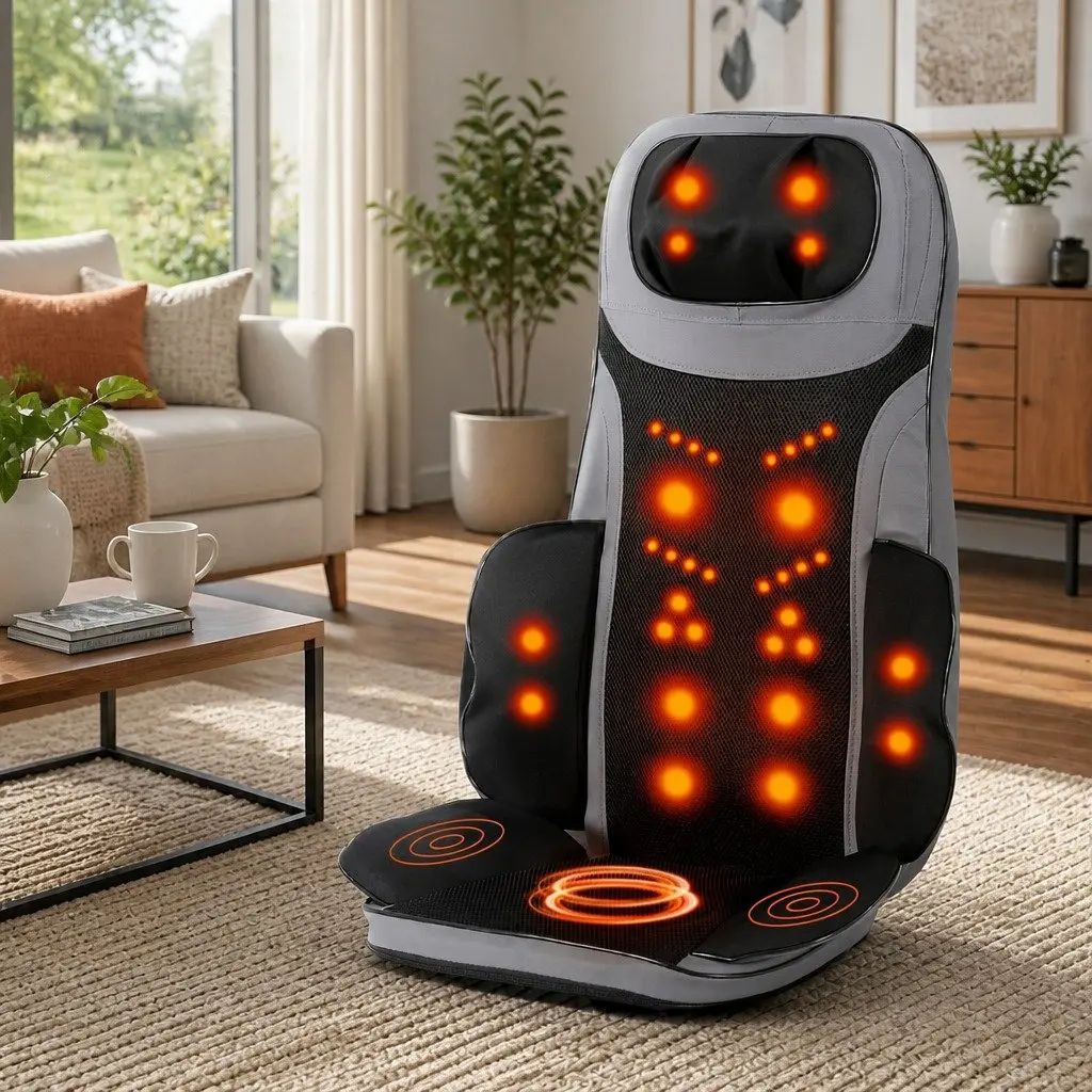 FullbackMassageCushionBlack36cmx36cmx70cm8NodeVibrationHeatingFunctionsForHomeAndOfficeUse