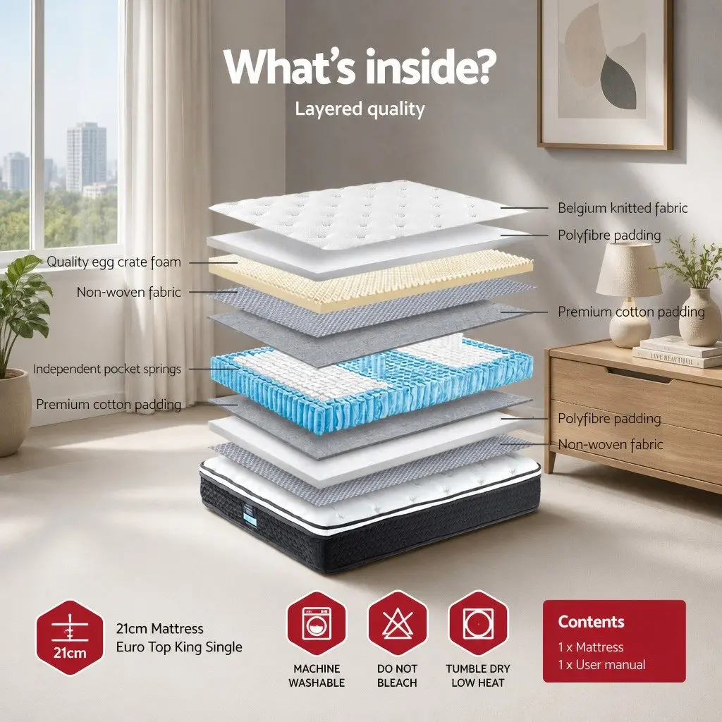 King Single Mattress Bonnell Spring 21cm Medium Firm Support White