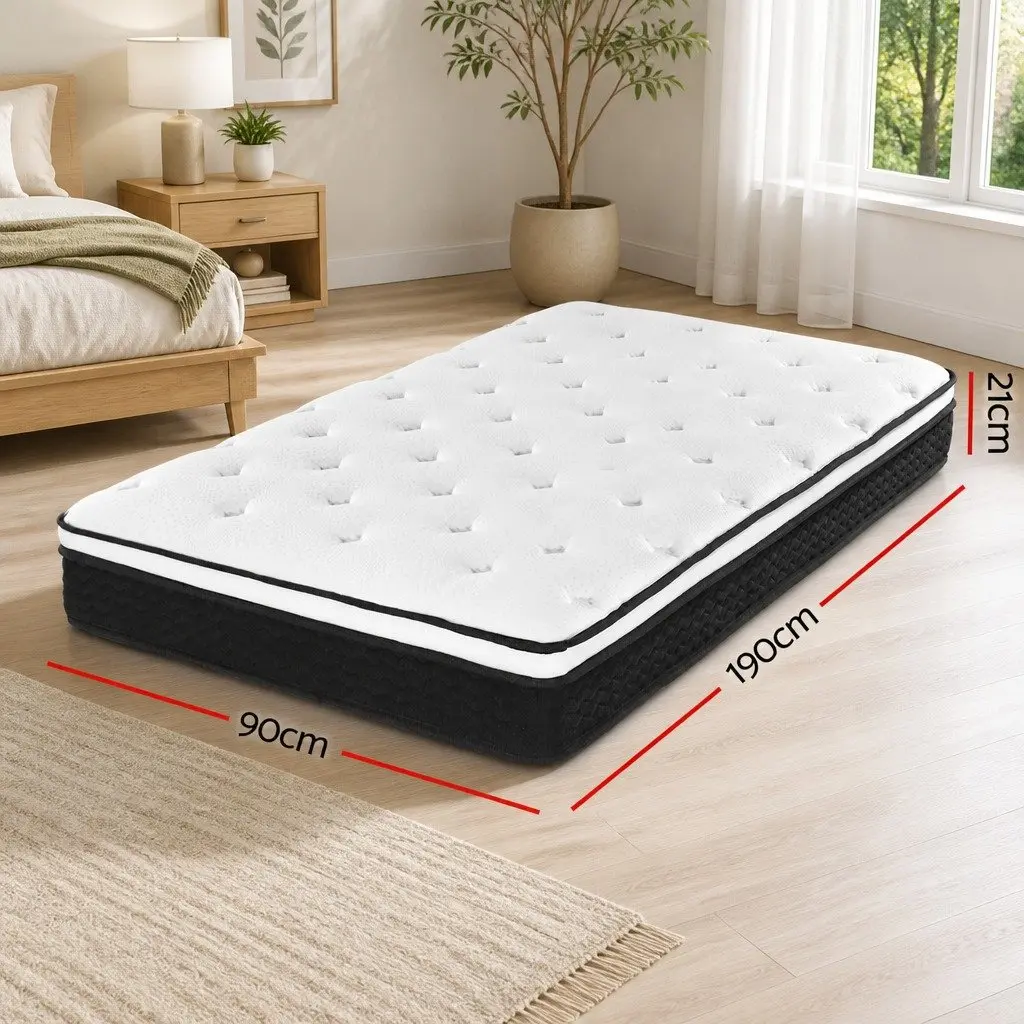 Single Mattress 21cm Euro Top Bonnell Spring Medium Firm Support Hypoallergenic