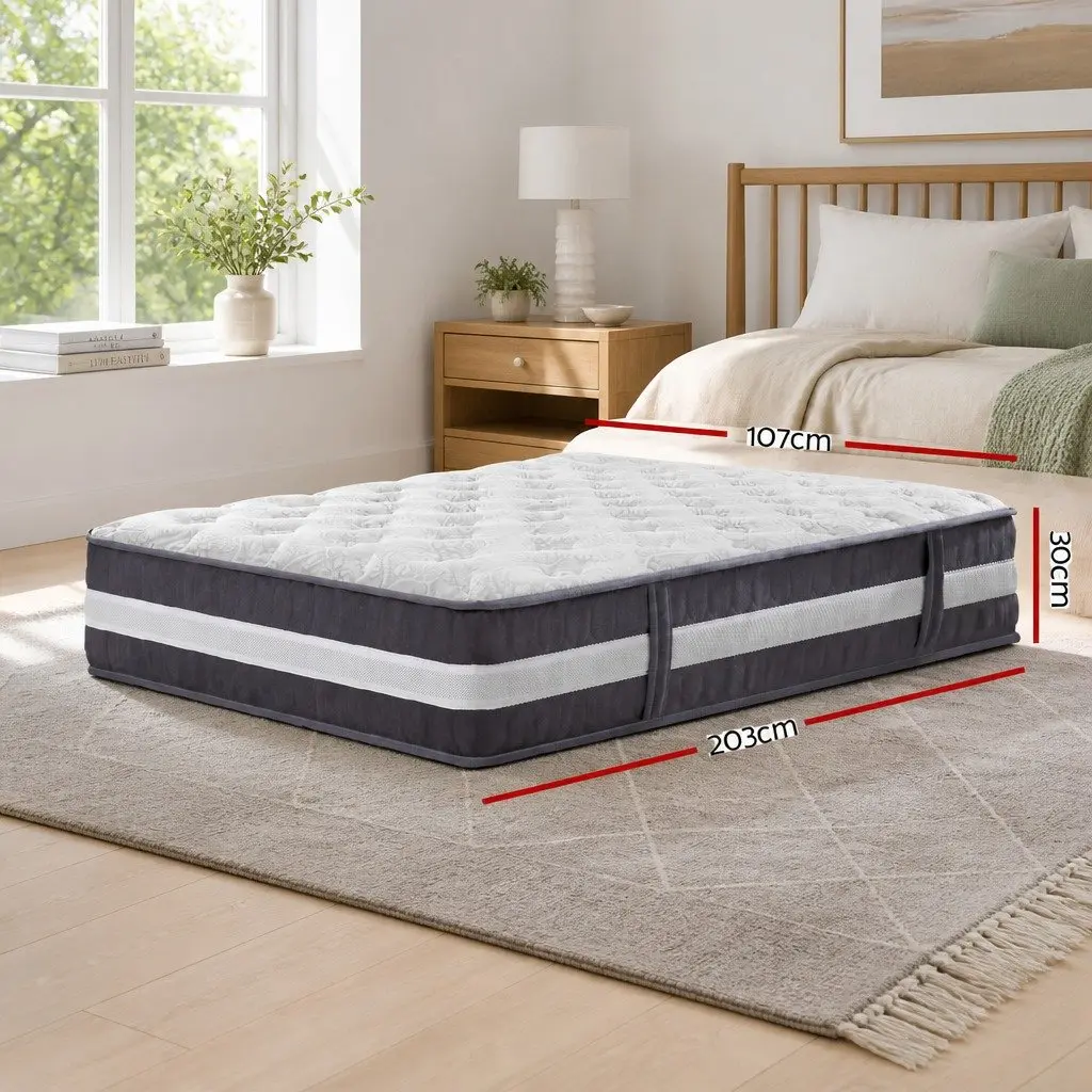 King Single Mattress 30cm Pocket Spring Medium Firm Hypoallergenic White Grey