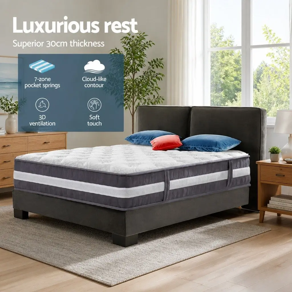 King Single Mattress 30cm Pocket Spring Medium Firm Hypoallergenic White Grey
