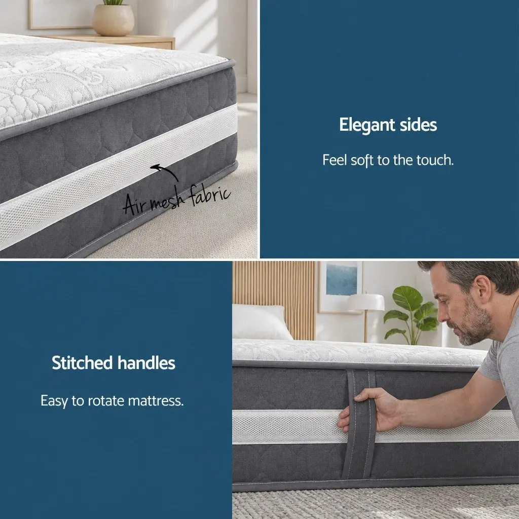 King Single Mattress 30cm Pocket Spring Medium Firm Hypoallergenic White Grey