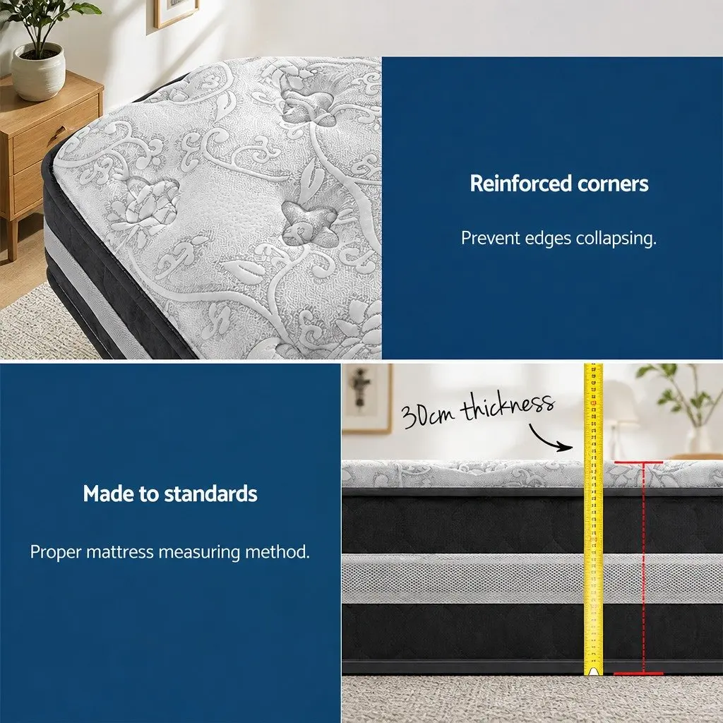 King Single Mattress 30cm Pocket Spring Medium Firm Hypoallergenic White Grey