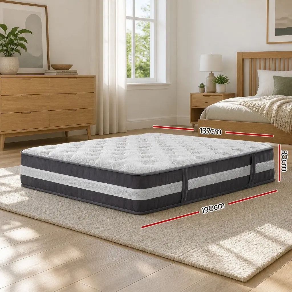 Double Mattress Tight Top Pocket Spring 30cm Medium Firmness High-Density Foam White or Grey