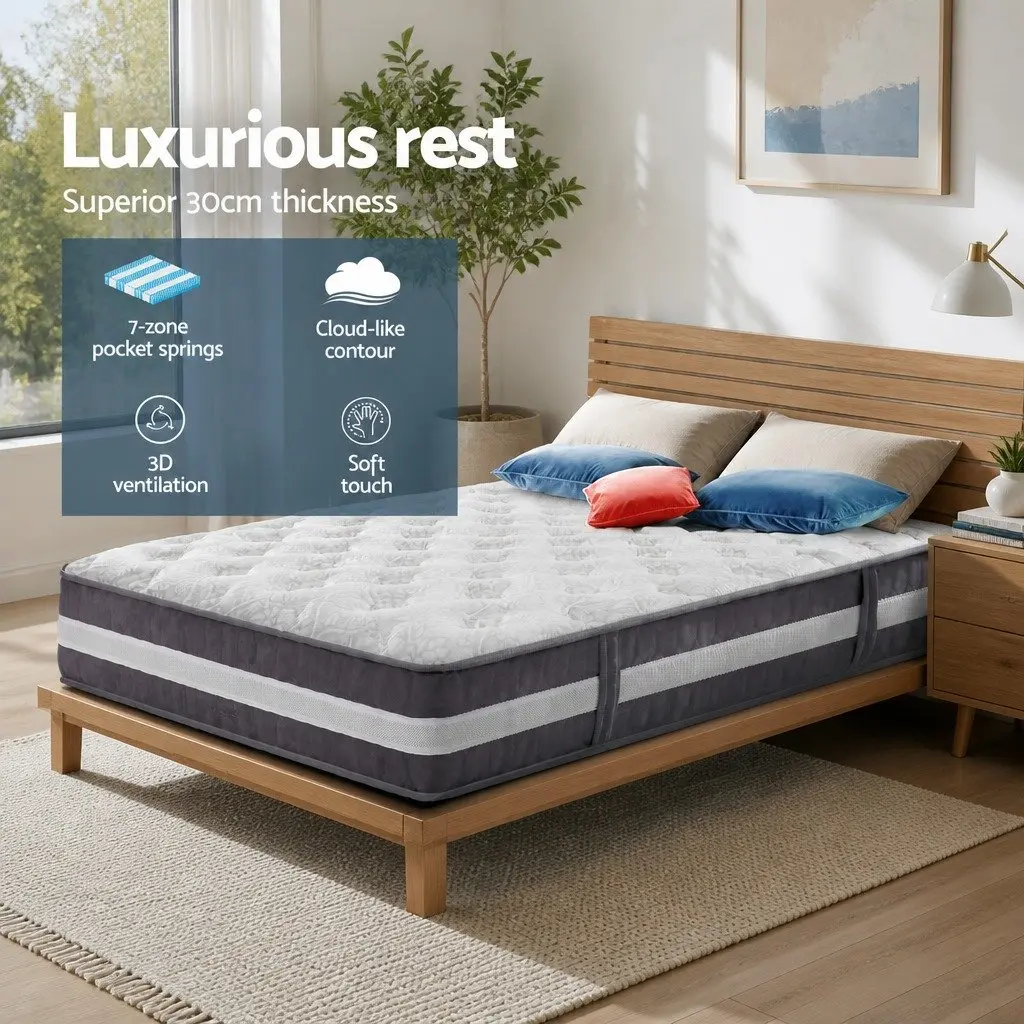 King Size Mattress 30cm Pocket Spring Tight Top Medium Firm Sleeping Bed