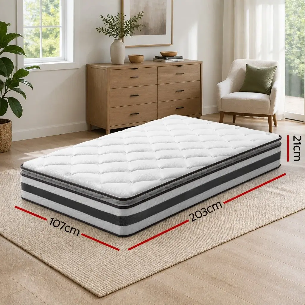 King Single Mattress 21cm Breathable Bonnell Spring Medium Firm Pillow Top White