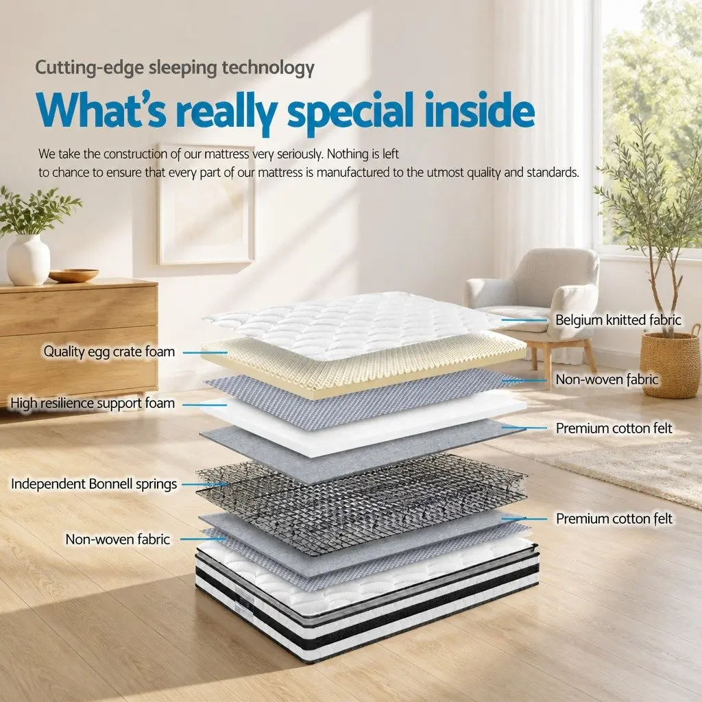 King Single Mattress 21cm Breathable Bonnell Spring Medium Firm Pillow Top White