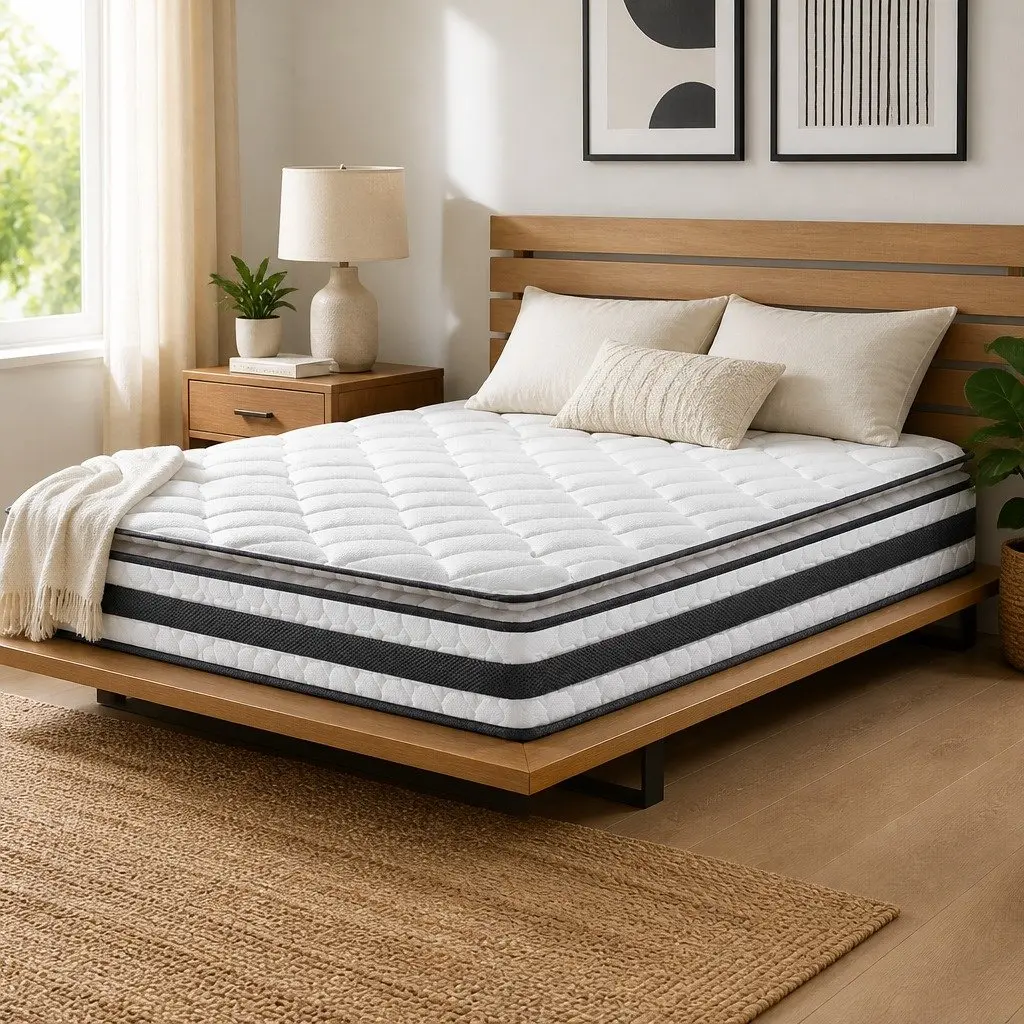 King Size Mattress Bonnell Spring 21cm Quilted Pillow Top Medium-Firm White