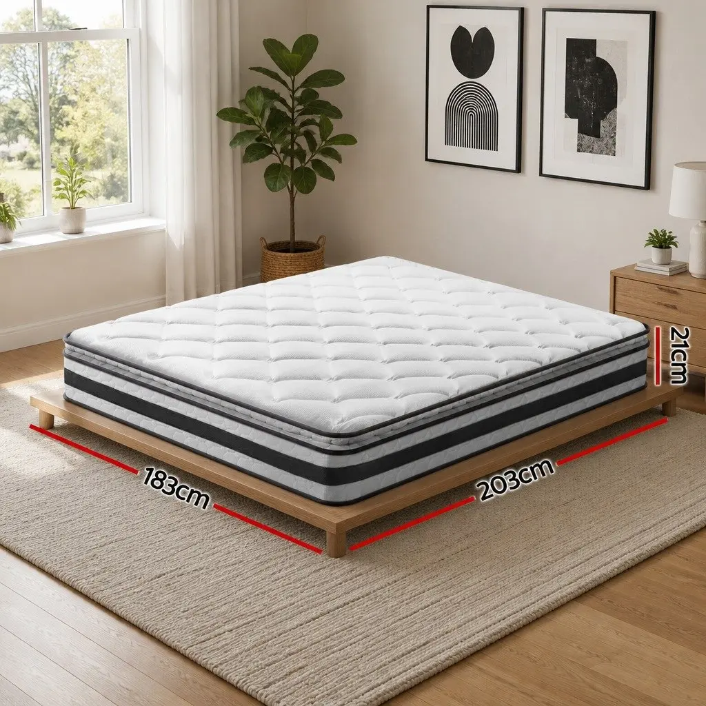 King Size Mattress Bonnell Spring 21cm Quilted Pillow Top Medium-Firm White