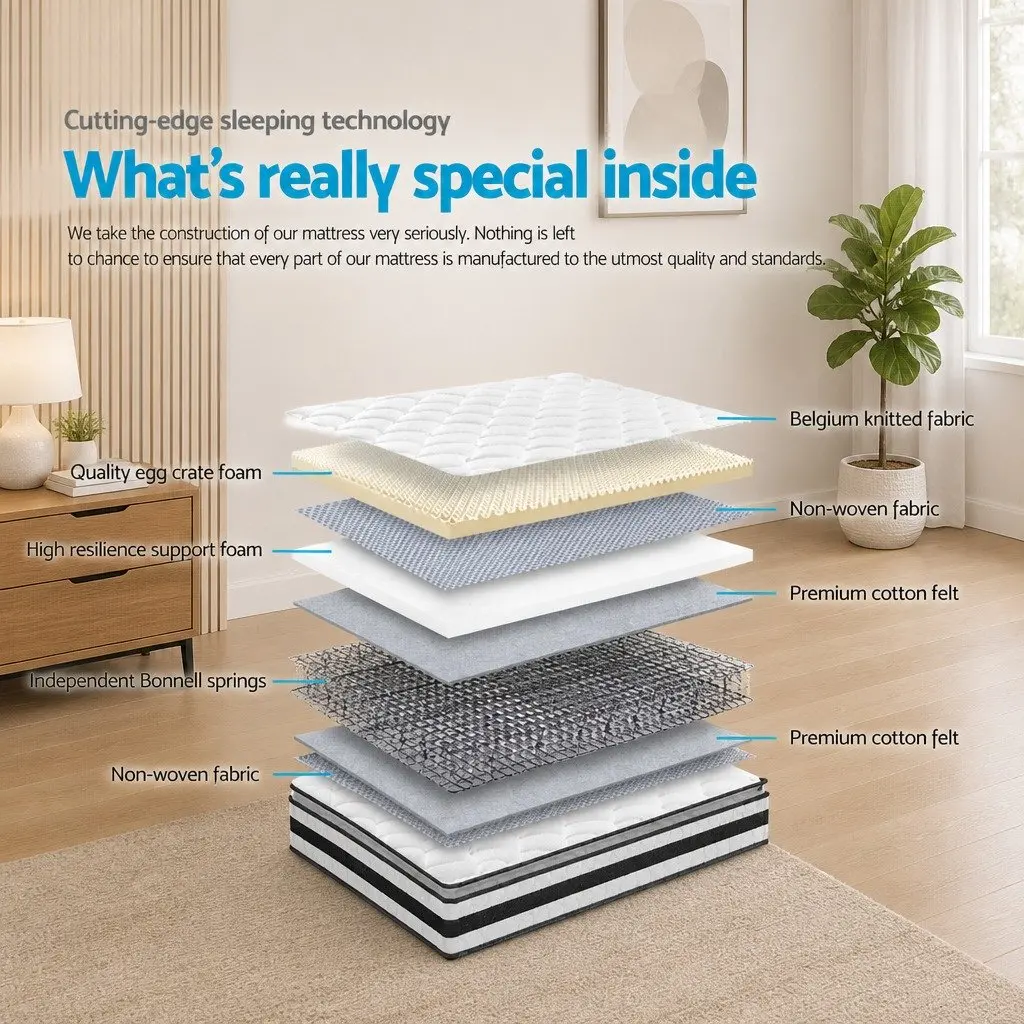 Queen Mattress 21cm Pillow Top Medium-Firm Bonnell Spring Bed Comfort Support