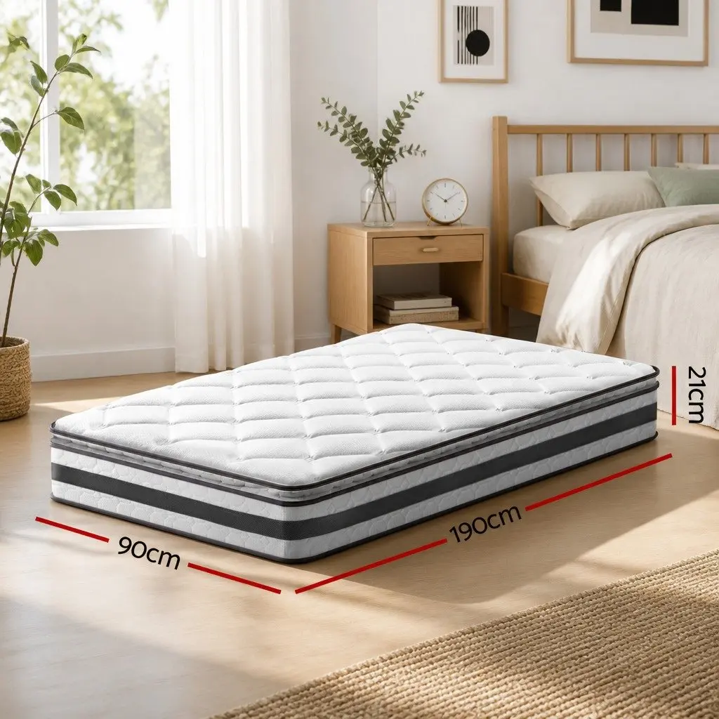 Single Mattress 21cm Pillow Top Medium Firm Bonnell Spring Breathable White Bed