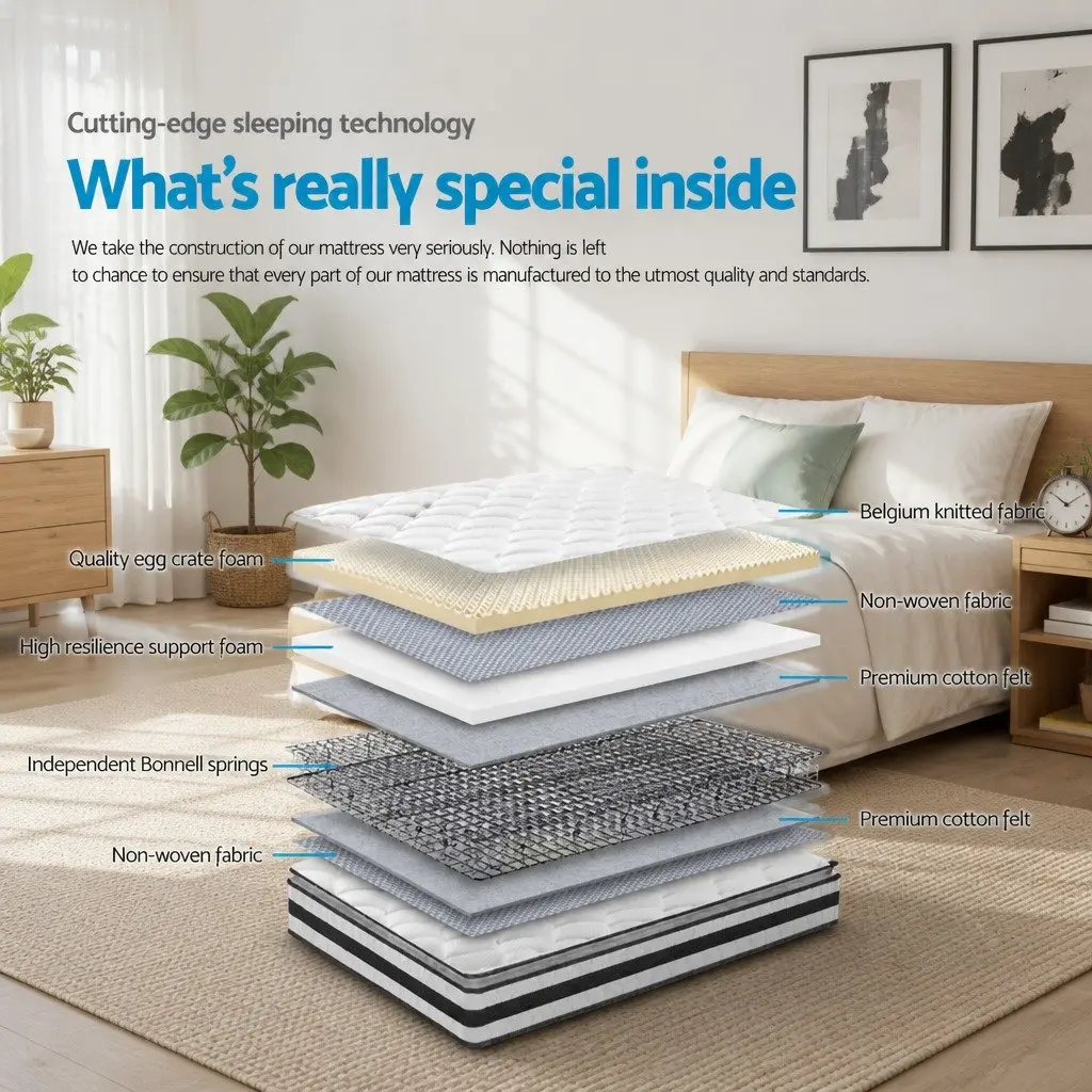 Single Mattress 21cm Pillow Top Medium Firm Bonnell Spring Breathable White Bed