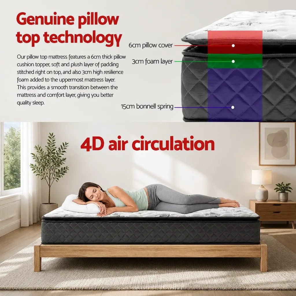 King Single Pillow Top Mattress 24cm Bonnell Springs Medium Firm Grey Bed