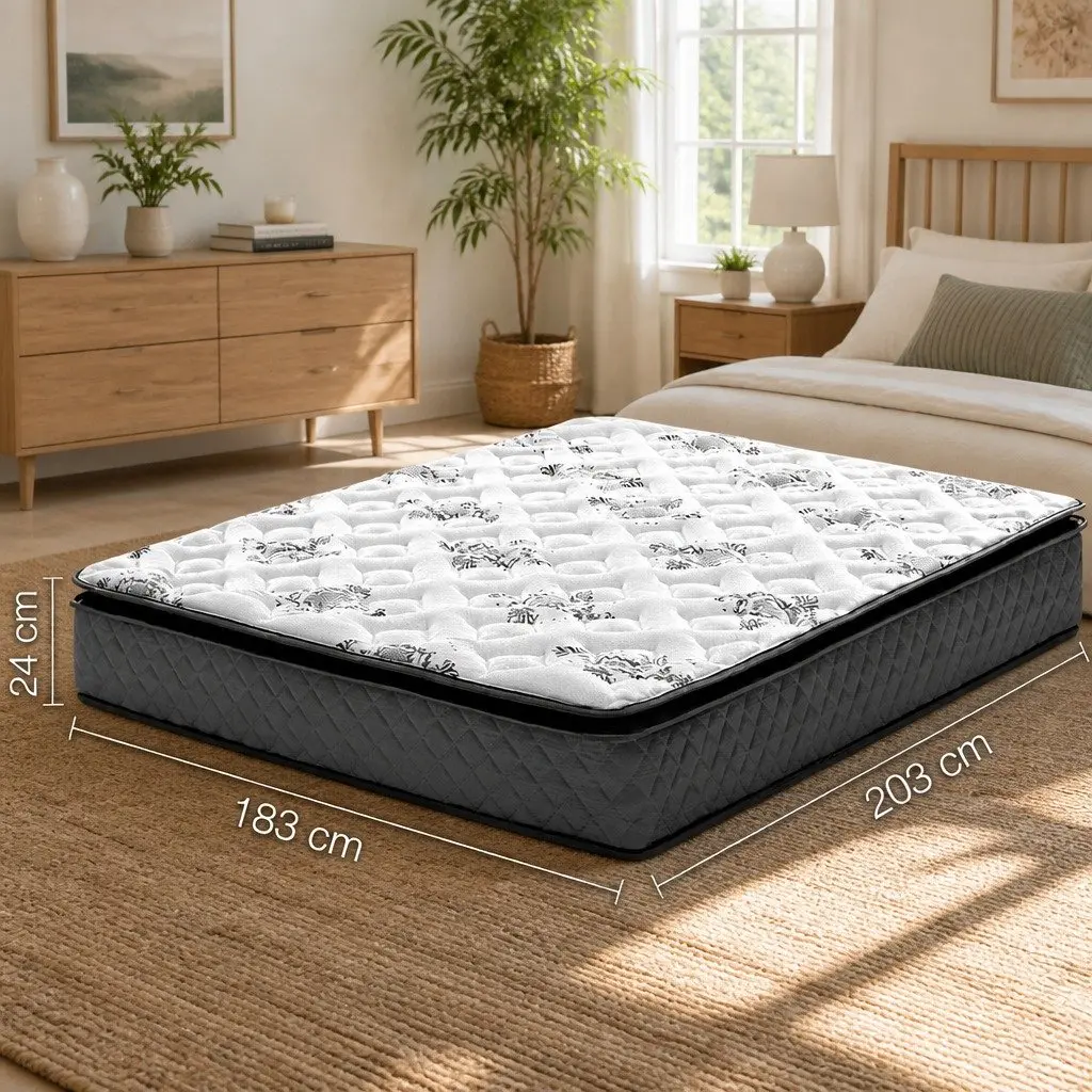 King Size Mattress Pillow Top Bonnell Spring 24cm White