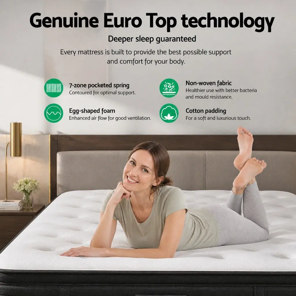 Double Euro Top Mattress Pocket Spring 34cm Medium Firm White Bed