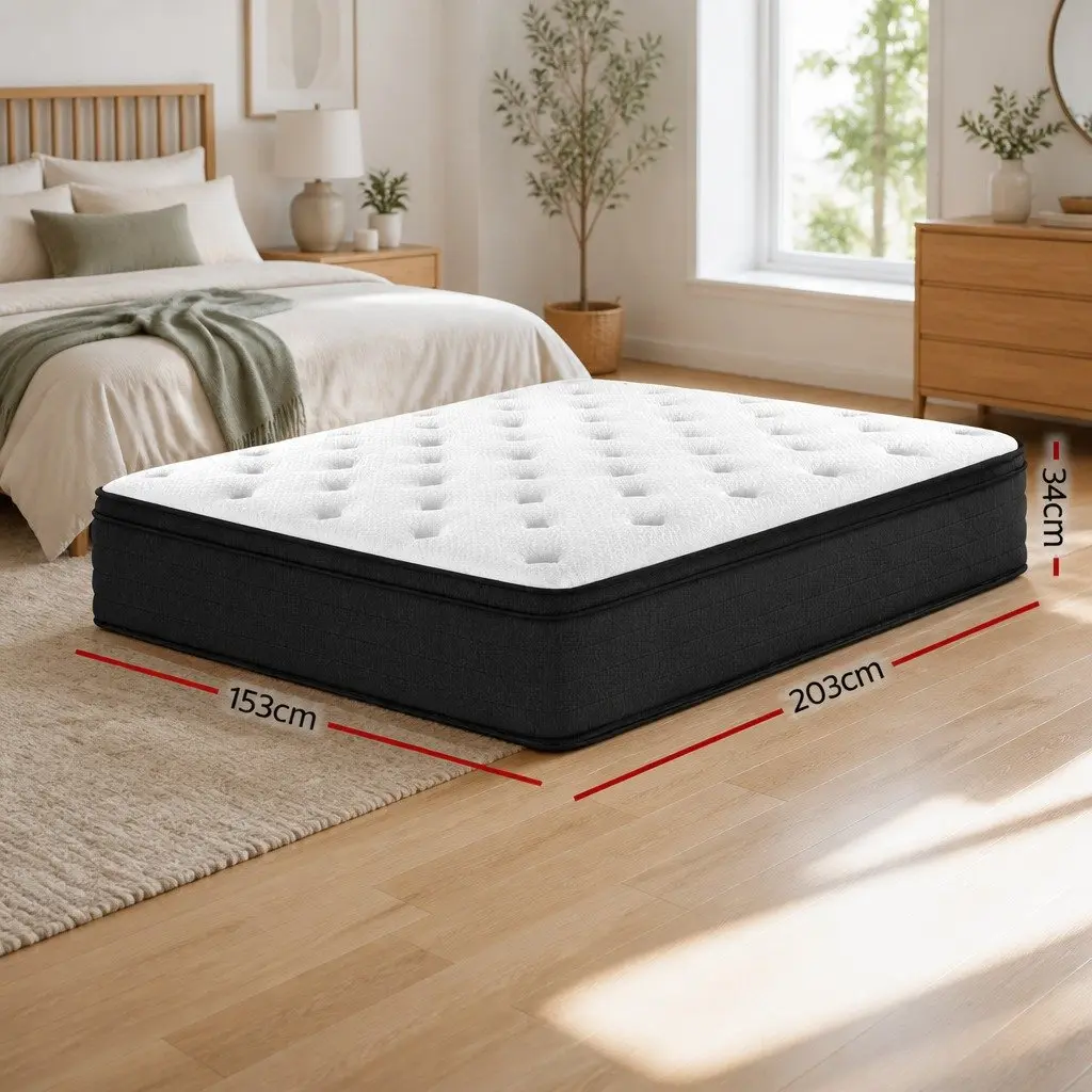 Queen Mattress Euro Top Pocket Springs Medium Firm 34cm White High-Density Foam