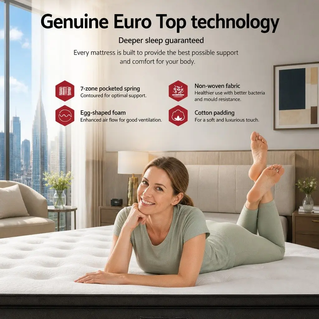 Queen Mattress Euro Top Pocket Springs Medium Firm 34cm White High-Density Foam
